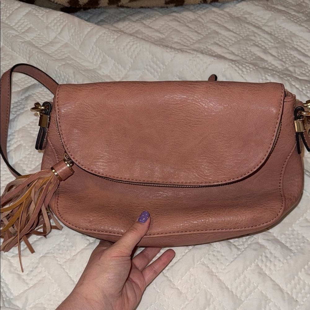 Madison West Dusty Rose Leather Crossbody with Tassel